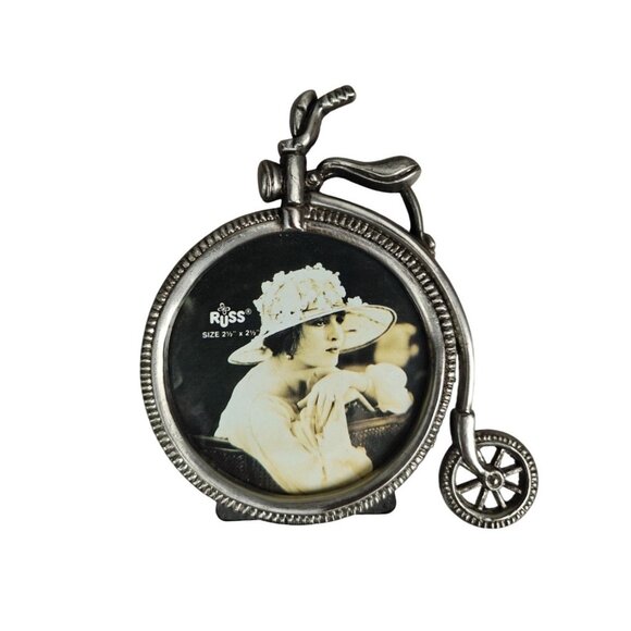 Vintage Pewter Picture Frame 2.5" Round Big Wheel Antique Bicycle Penny Farthing - Picture 1 of 4